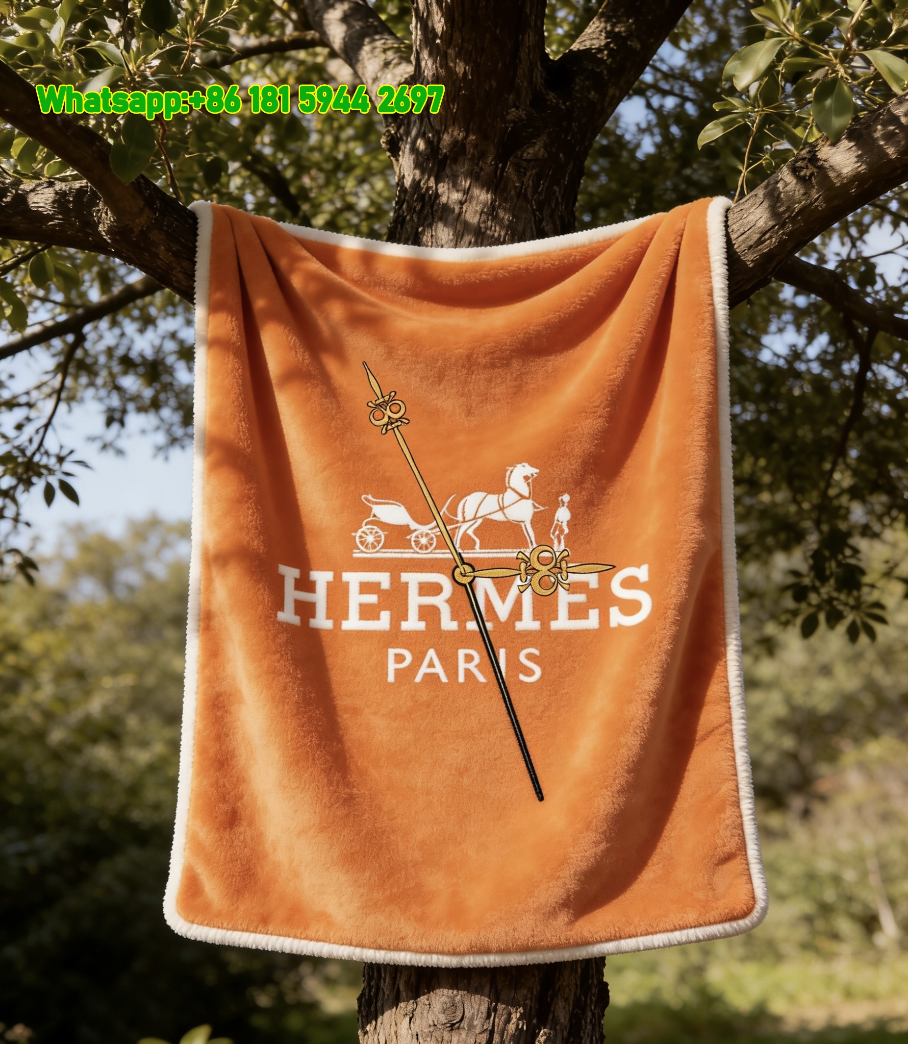 Hermès Orange Clock Hand Art Flannel Fleece Throw Blanket IMG_4961